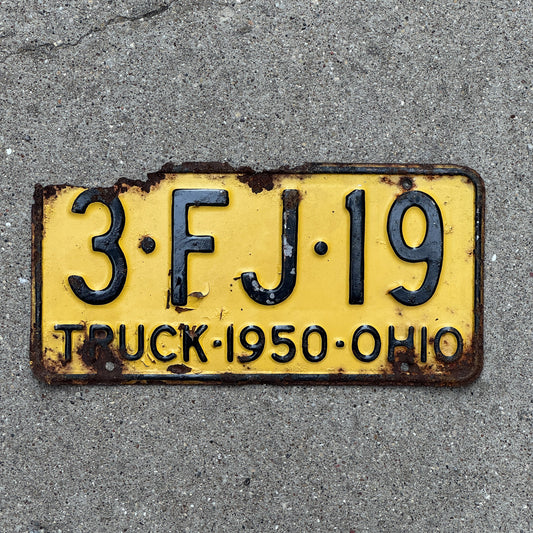 Photo of a 1950 Ohio Truck License Plate Auto Tag Garage Decor Vintage 3 FJ 19 with original patina