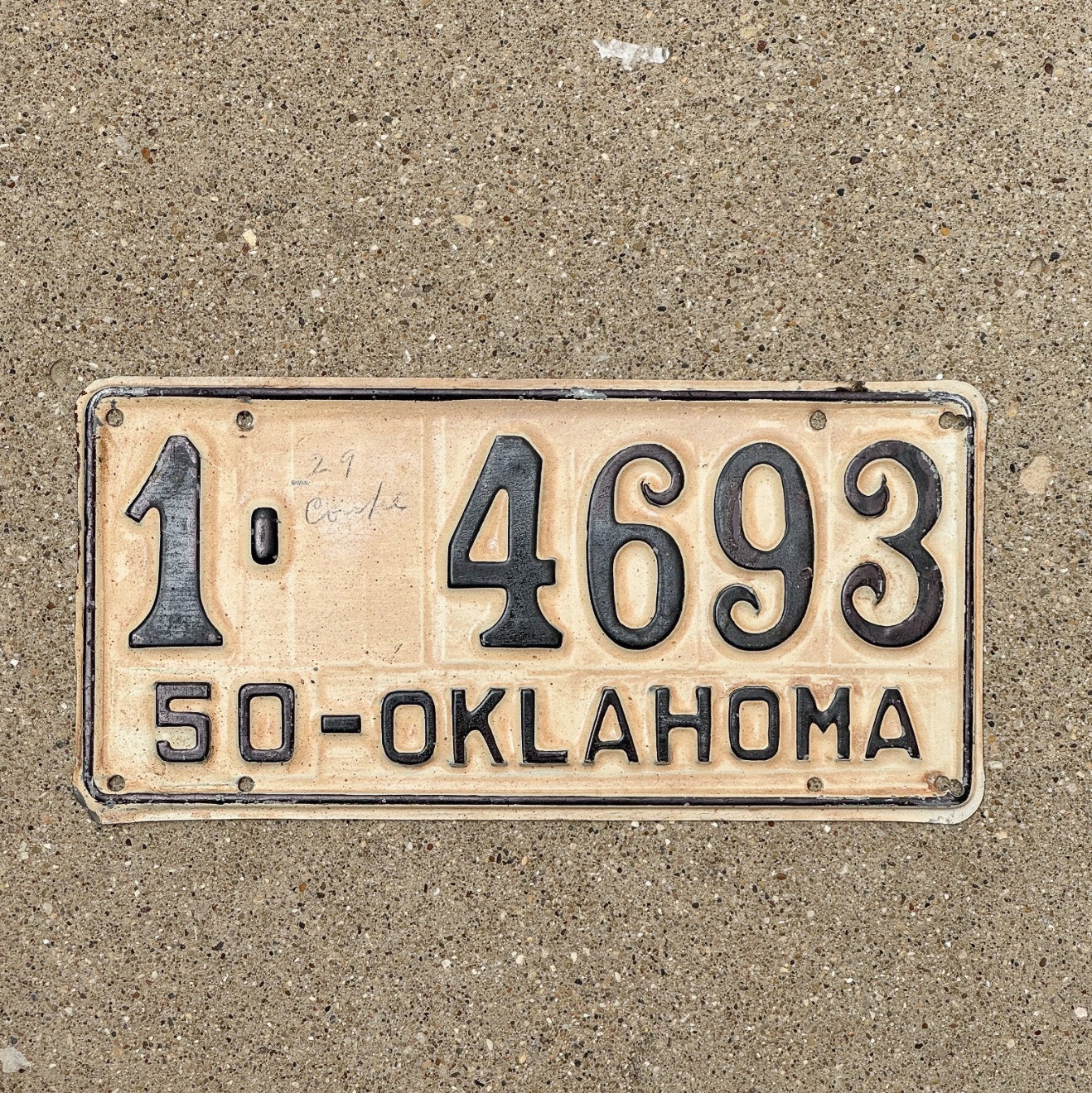 Photo of a 1950 Oklahoma License Plate Auto Tag Garage Decor Vintage 1 4693 with original patina