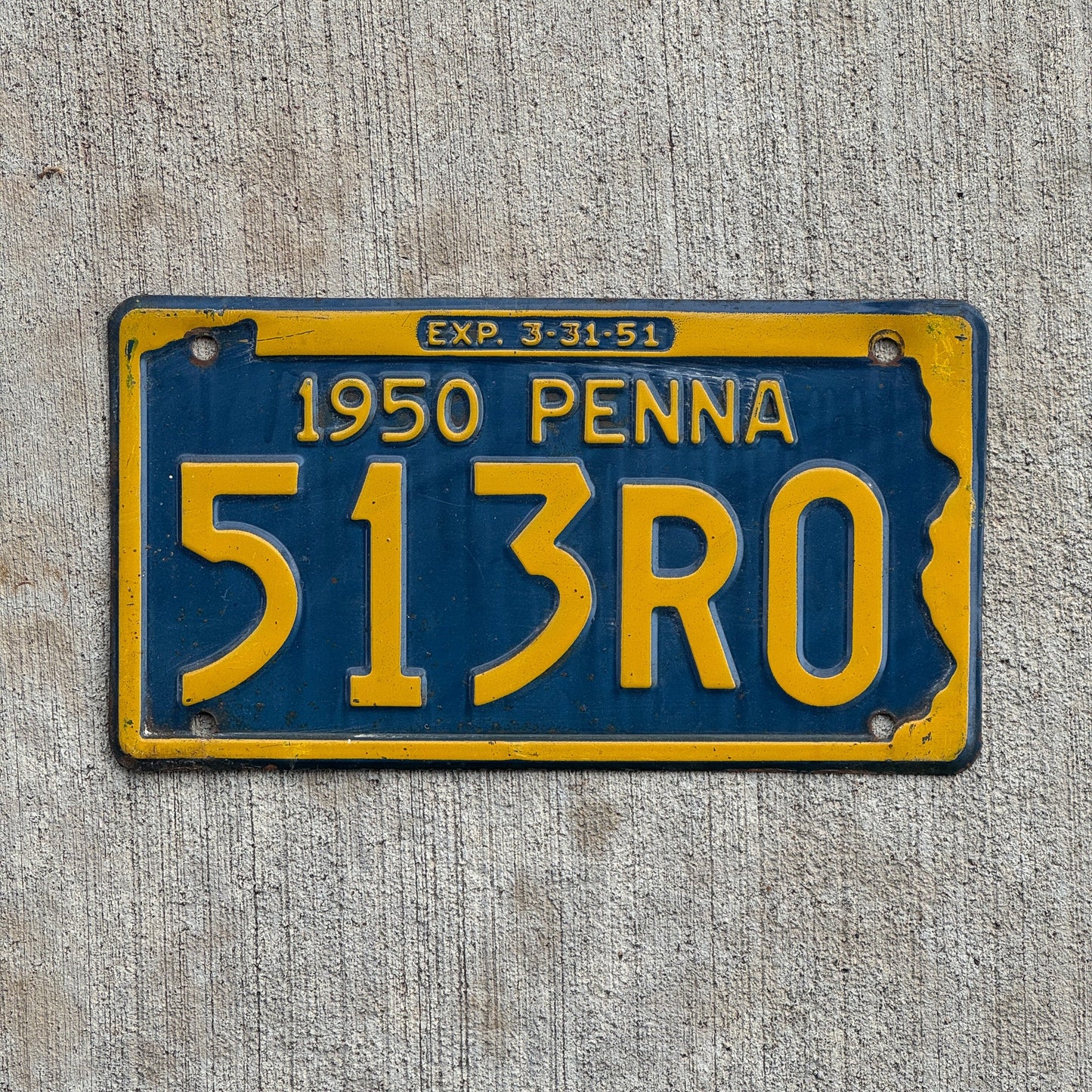 Photo of a 1950 Pennsylvania License Plate Auto Tag Garage Decor Vintage 513R0 with original patina