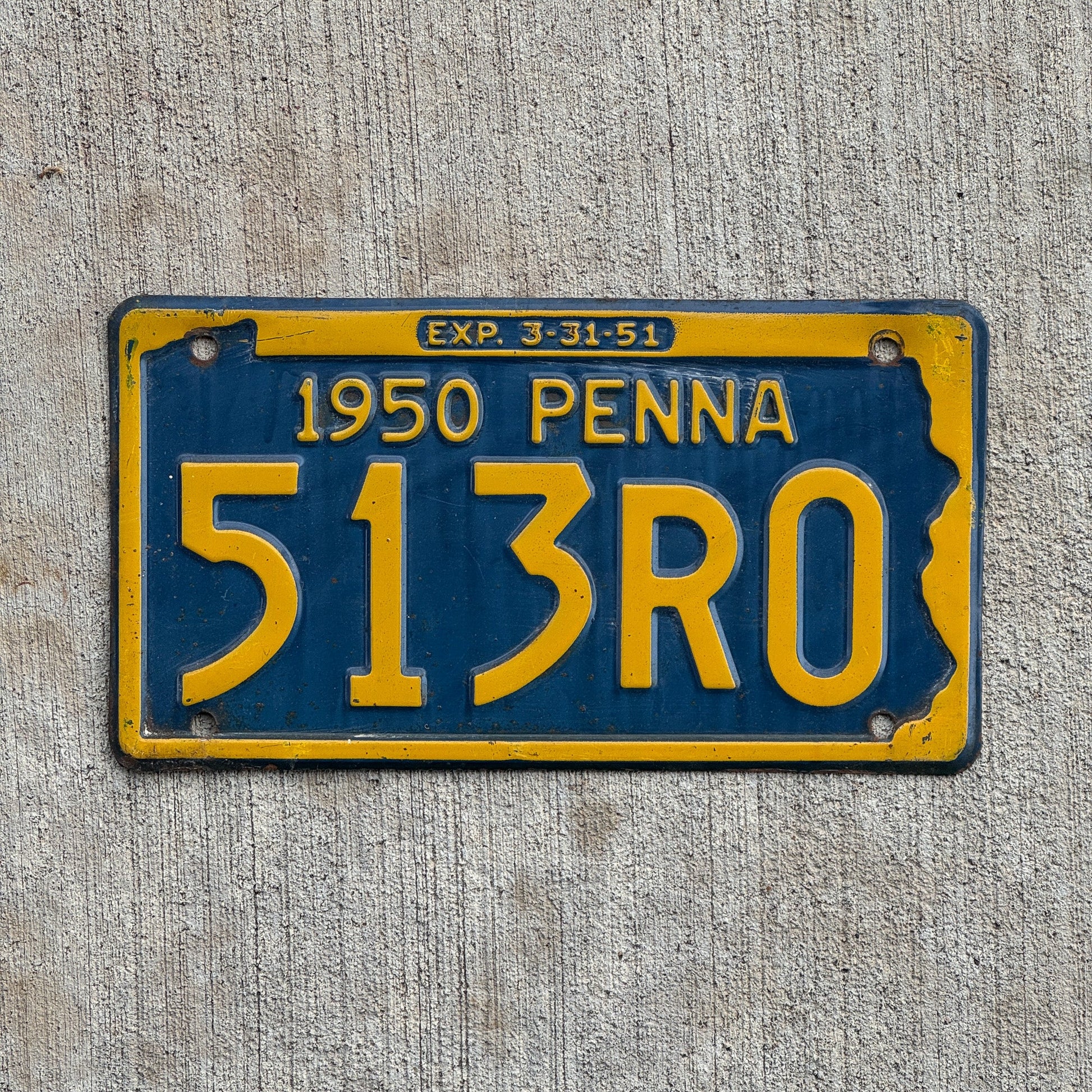 Photo of a 1950 Pennsylvania License Plate Auto Tag Garage Decor Vintage 513R0 with original patina