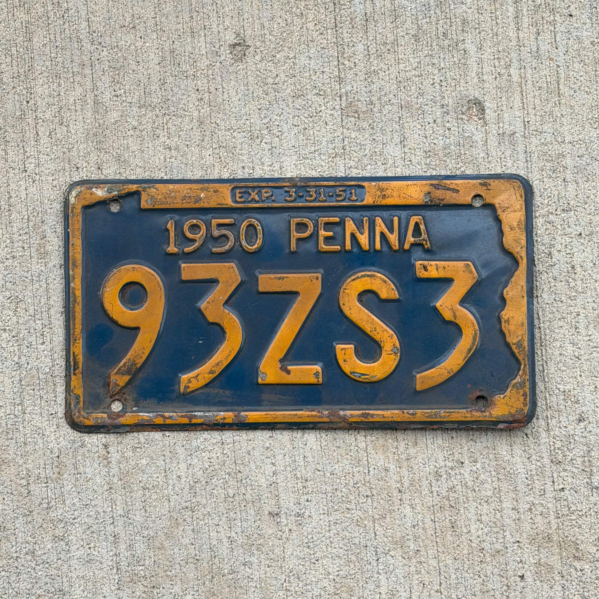 Photo of a 1950 Pennsylvania License Plate Auto Tag Garage Decor Vintage 93 ZS 3 with original patina