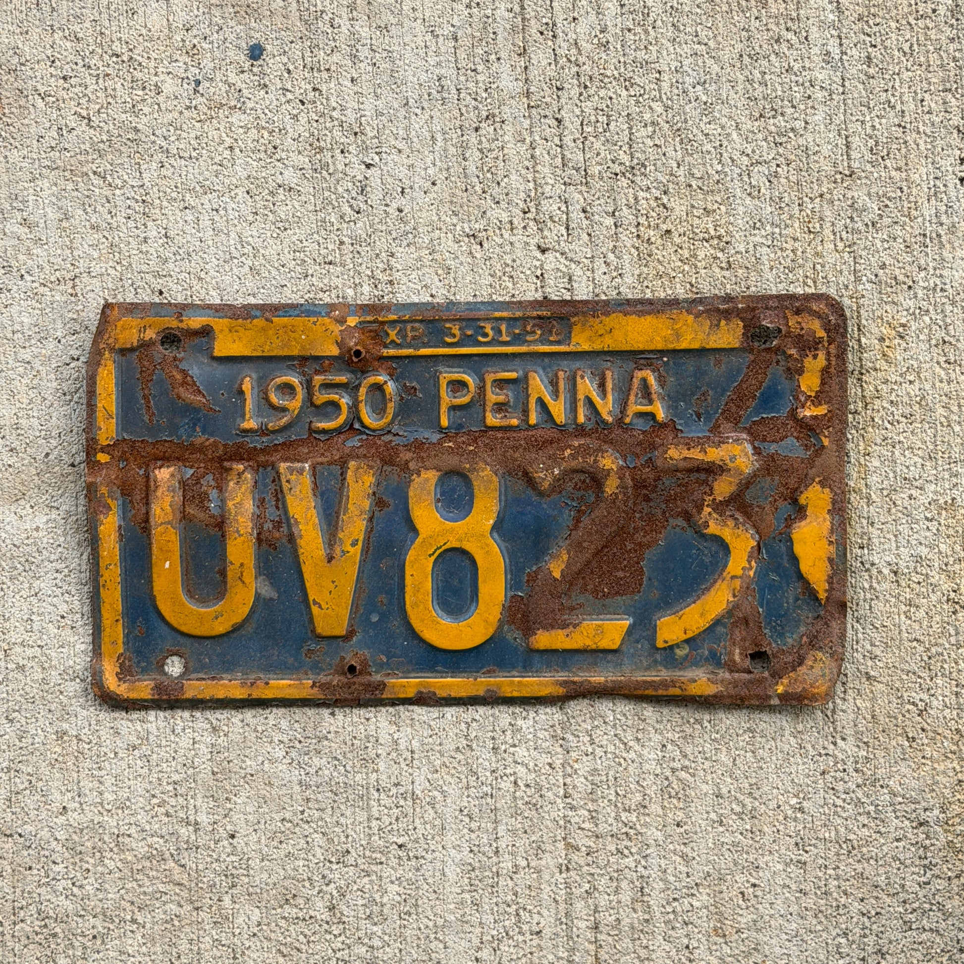 Photo of a 1950 Pennsylvania License Plate Auto Tag Garage Decor Vintage UV 823 with original patina