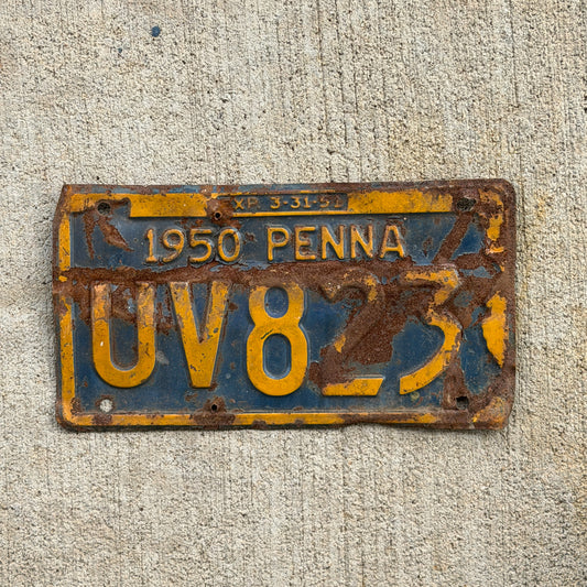 Photo of a 1950 Pennsylvania License Plate Auto Tag Garage Decor Vintage UV 823 with original patina