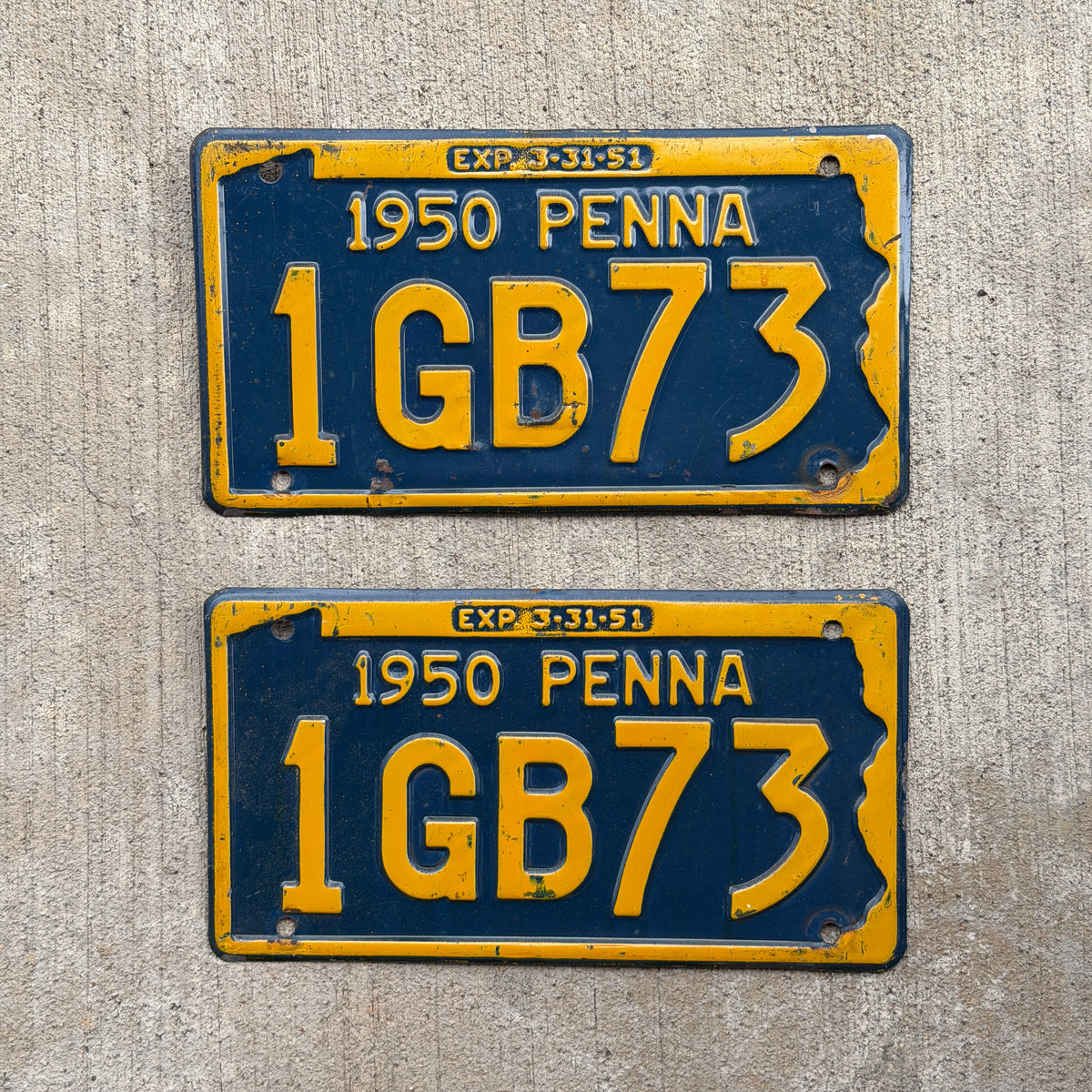 Photo of a 1950 Pennsylvania License Plate Pair Auto Tag Garage Decor Vintage 1 GB 73 with original patina