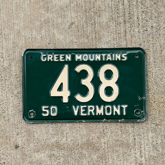 Photo of a 1950 Vermont License Plate Auto Tag Garage Decor Vintage Low Number Three Digit 438 with original patina