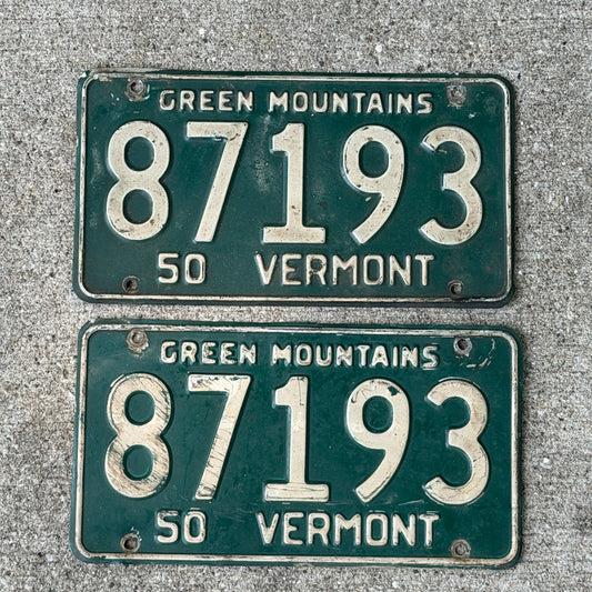 Photo of a 1950 Vermont License Plate Pair Auto Tag Garage Decor Vintage 87193 with original patina