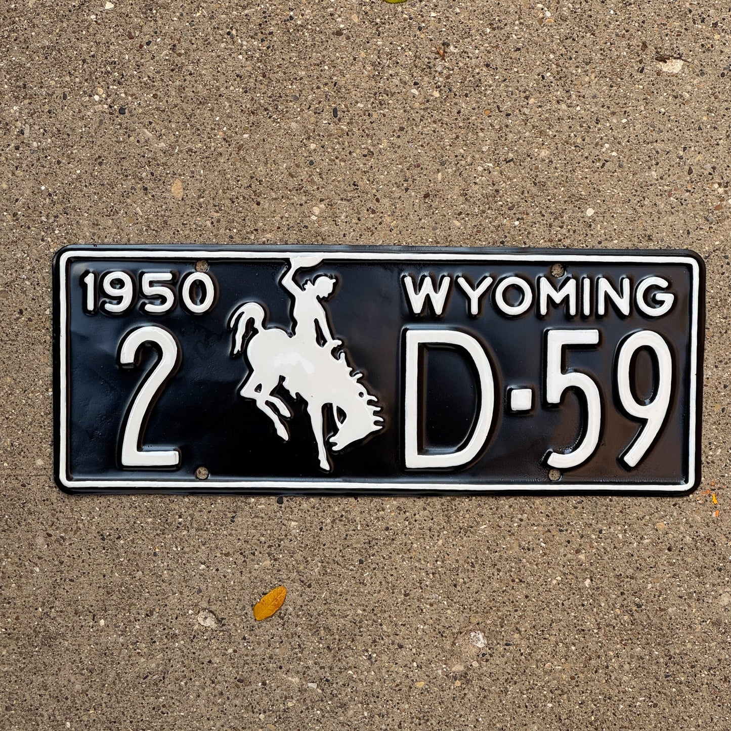 Photo of a 1950 Wyoming Dealer License Plate Auto Tag Garage Decor Vintage 2 D 59 with original patina