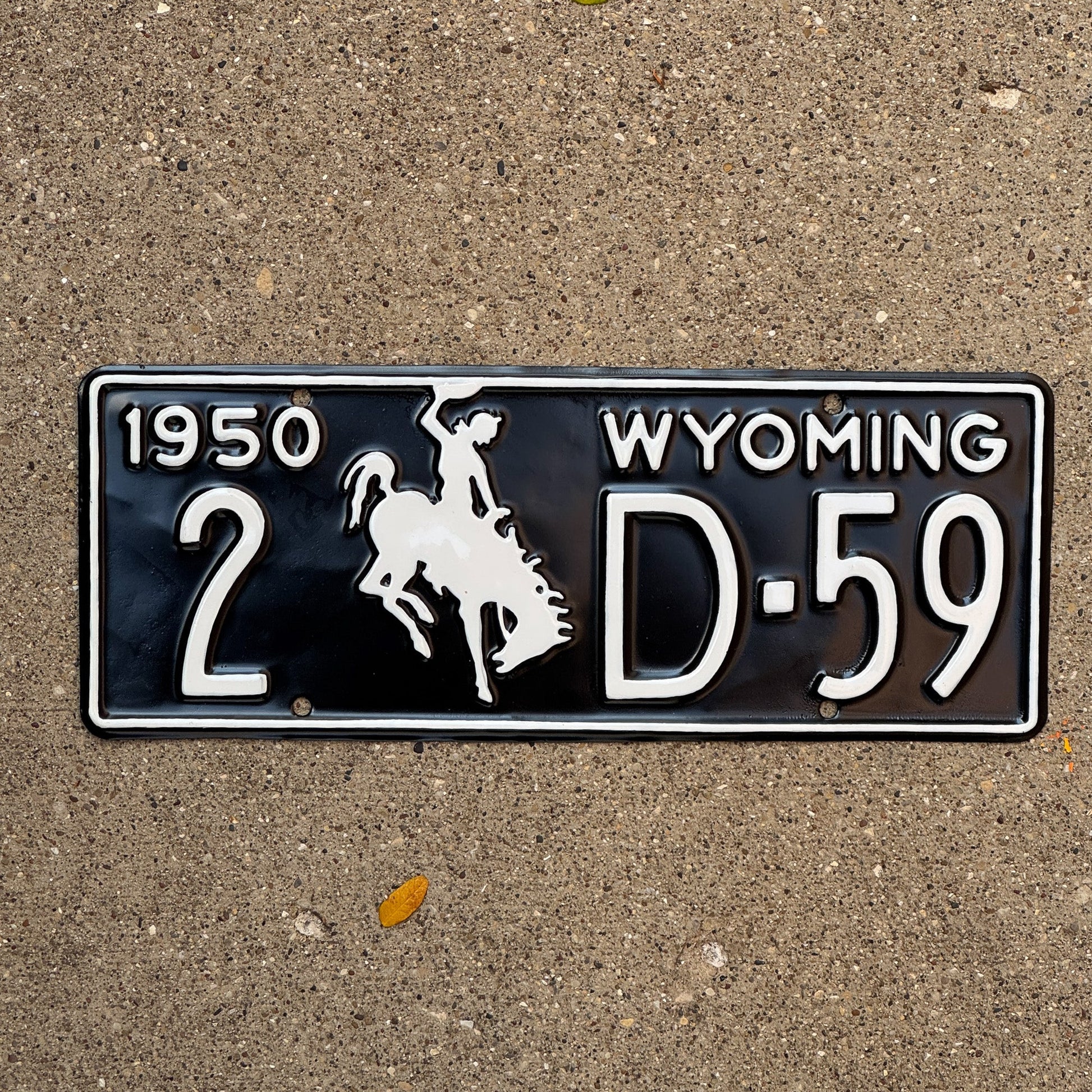 Photo of a 1950 Wyoming Dealer License Plate Auto Tag Garage Decor Vintage 2 D 59 with original patina