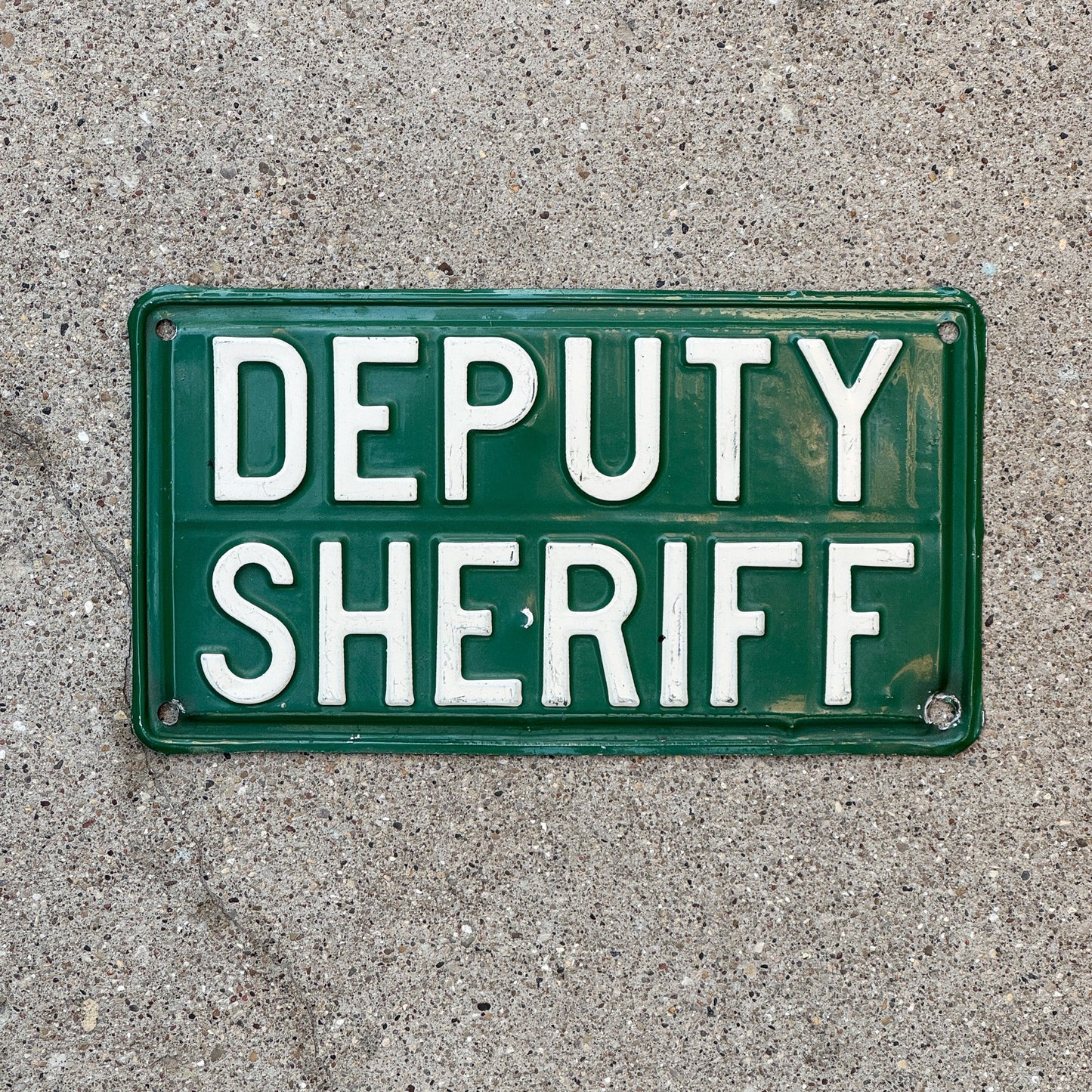 Photo of a 1950s Era Connecticut Deputy Sheriff Booster License Plate Auto Tag Garage Decor Vintage Cop Police Green with original patina