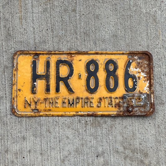 Photo of a 1951 1952 New York License Plate Auto Tag Garage Decor Vintage HR 886 with original patina