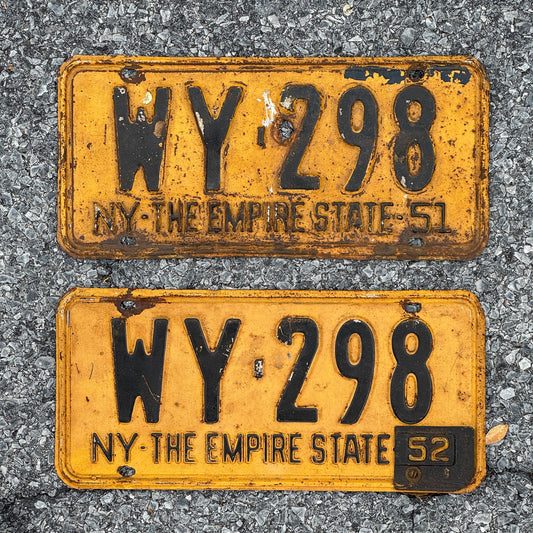 Photo of a 1951 1952 New York License Plate Pair Auto Tag Garage Decor Vintage Wyoming County WY 298