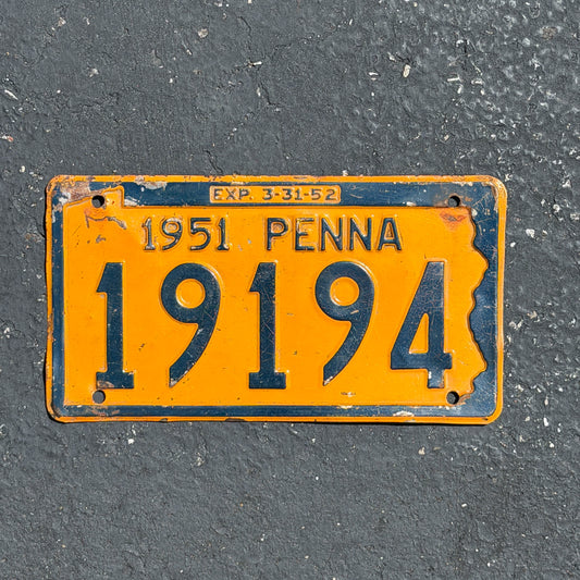 Photo of a 1951 1952 Pennsylvania License Plate Auto Tag Garage Decor Vintage 19194 with original patina