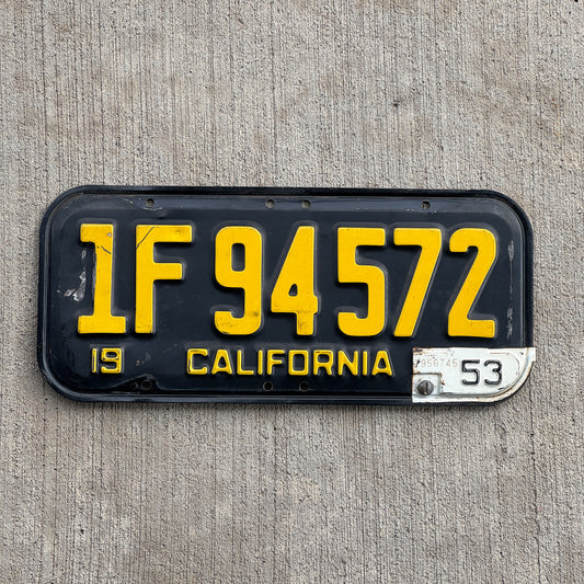 Photo of a 1951 1953 California License Plate Auto Tag Garage Decor Vintage 1F 94572 with original patina