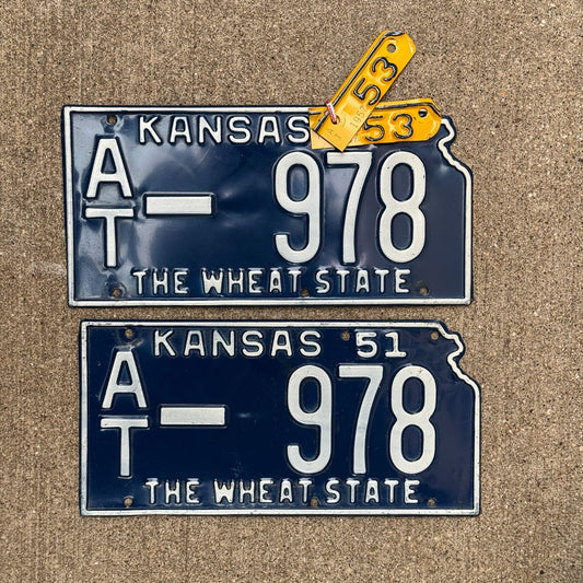Photo of a 1951 1953 Kansas License Plate Pair Auto Tag Garage Decor Vintage State Shape AT 978 with original patina