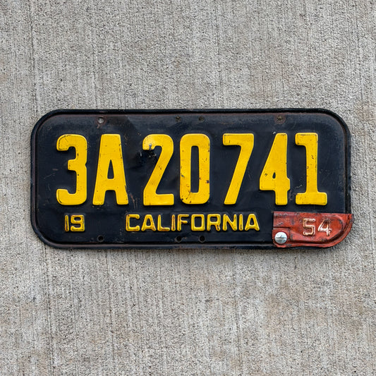Photo of a 1951 1954 California License Plate Auto Tag Garage Decor Vintage 3A 20741 with original patina