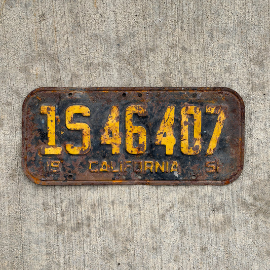 Photo of a 1951 California License Plate Auto Tag Garage Decor Vintage 1 S 46407 with original patina