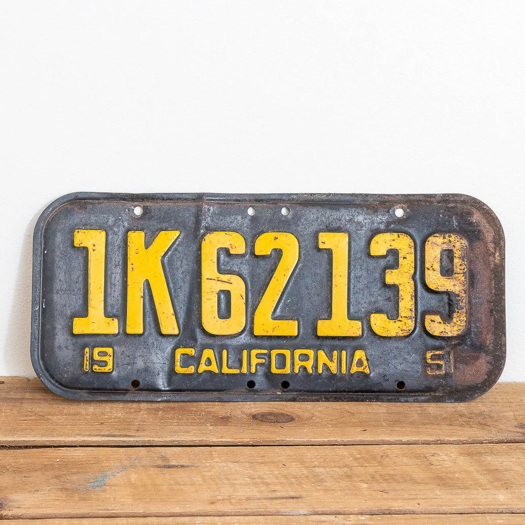 Photo of a 1951 California License Plate Auto Tag Garage Decor Vintage 1K 62139 with original patina