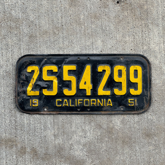 Photo of a 1951 California License Plate Auto Tag Garage Decor Vintage 2 S 54299 with original patina