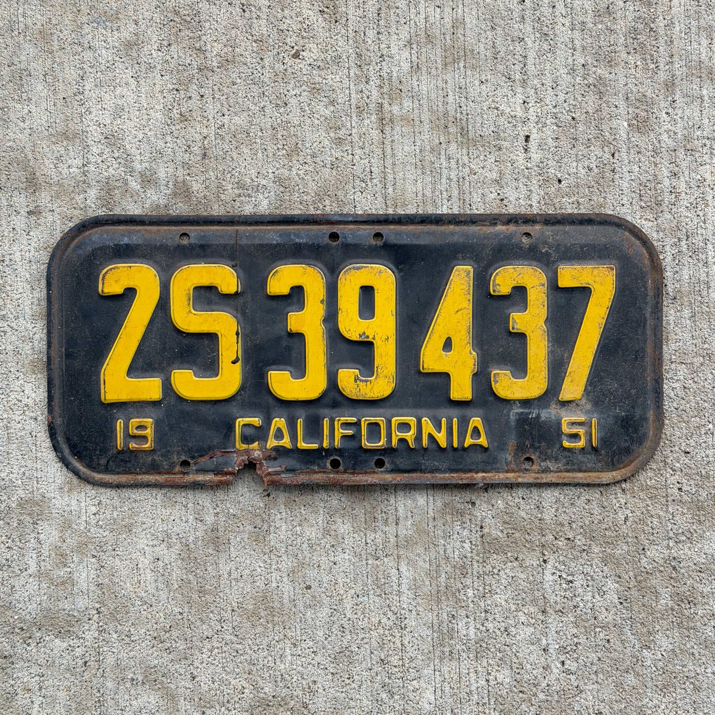 Photo of a 1951 California License Plate Auto Tag Garage Decor Vintage 2S 39437 with original patina