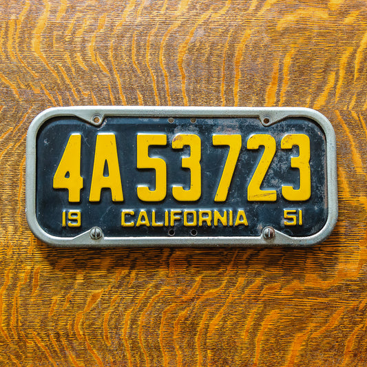 Photo of a 1951 California License Plate Auto Tag Garage Decor Vintage 4A 53723 with original patina