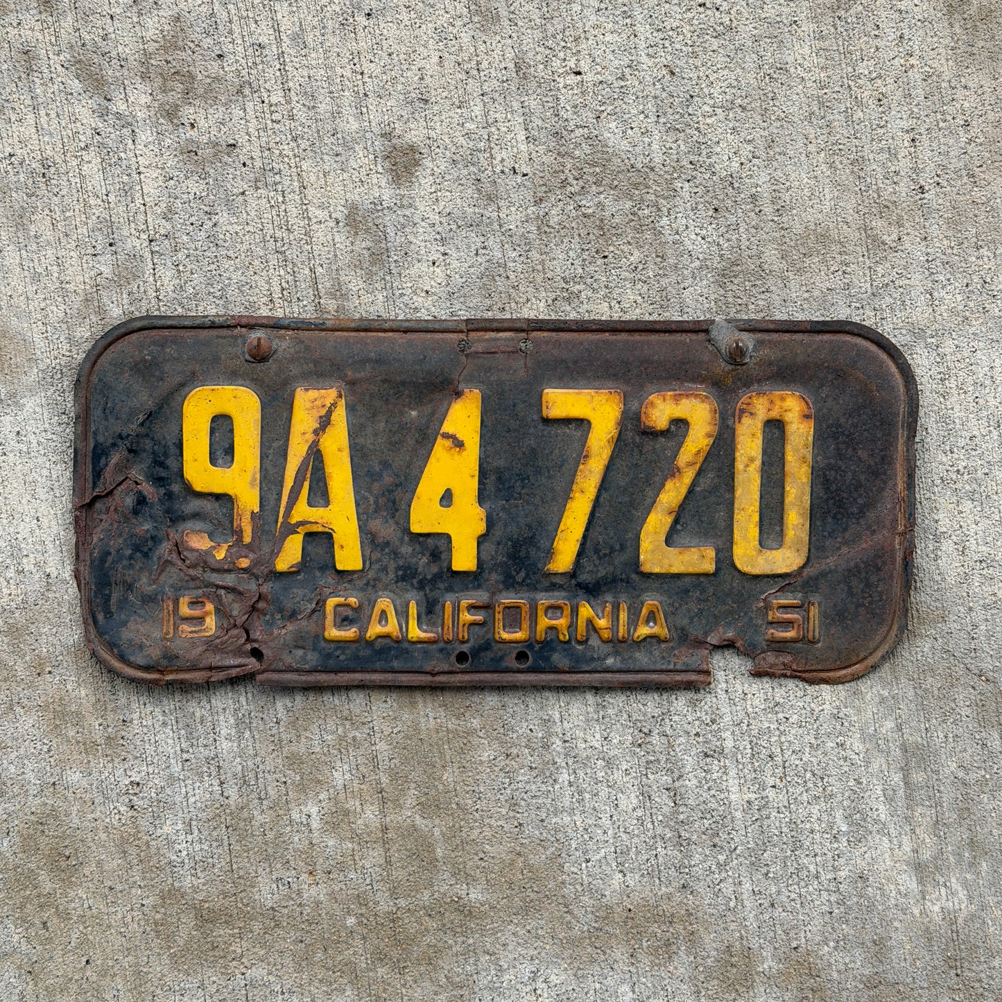 Photo of a 1951 California License Plate Auto Tag Garage Decor Vintage 9A 4720 with original patina