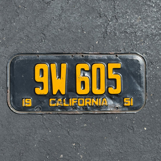 Photo of a 1951 California License Plate Auto Tag Garage Decor Vintage 9W 605 with original patina
