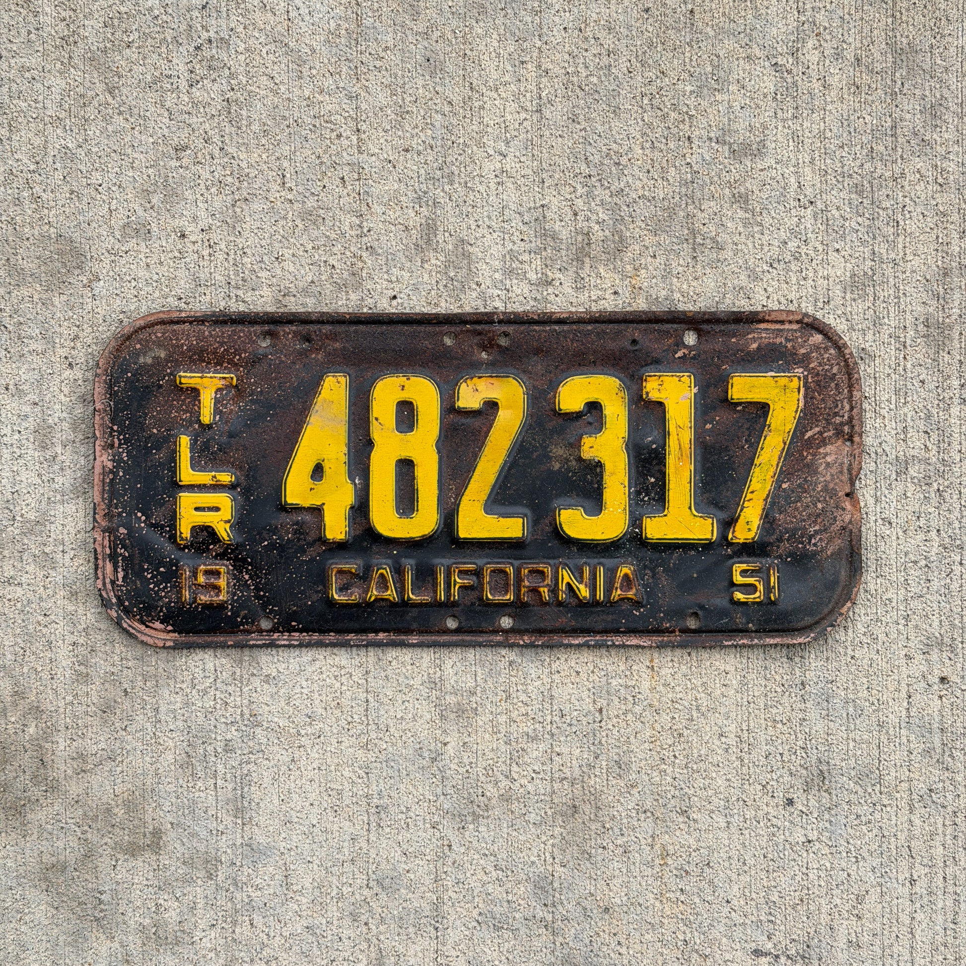 Photo of a 1951 California Trailer License Plate Auto Tag Garage Decor Vintage 482 317 with original patina