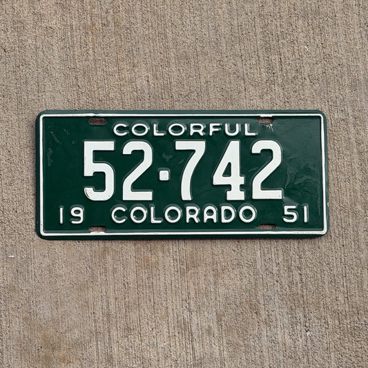 Photo of a 1951 Colorado License Plate Auto Tag Garage Decor Vintage Custer County 52 742 with original patina