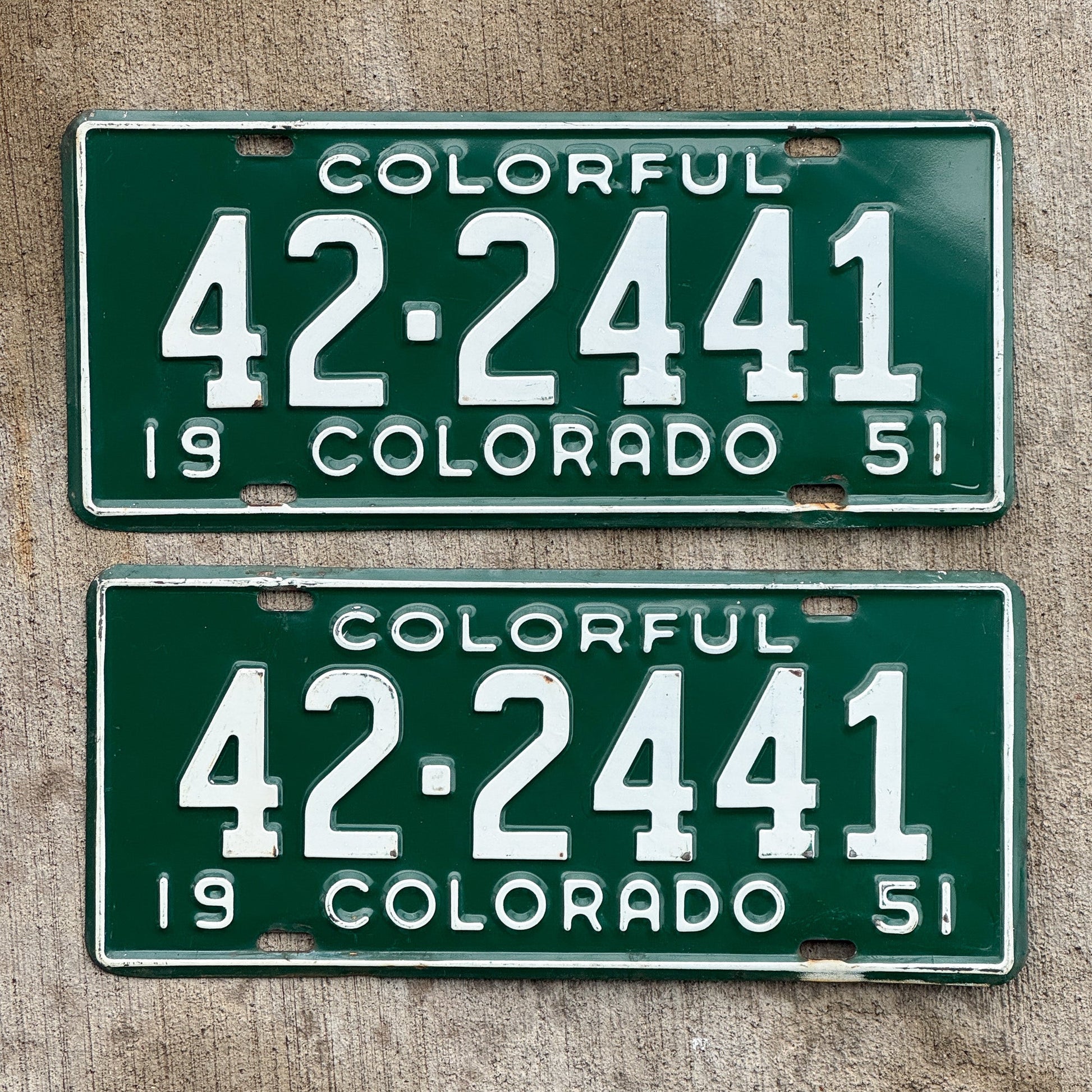 Photo of a 1951 Colorado License Plate Pair Auto Tag Garage Decor Vintage High Quality 42 2441 with original patina
