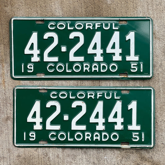 Photo of a 1951 Colorado License Plate Pair Auto Tag Garage Decor Vintage High Quality 42 2441 with original patina