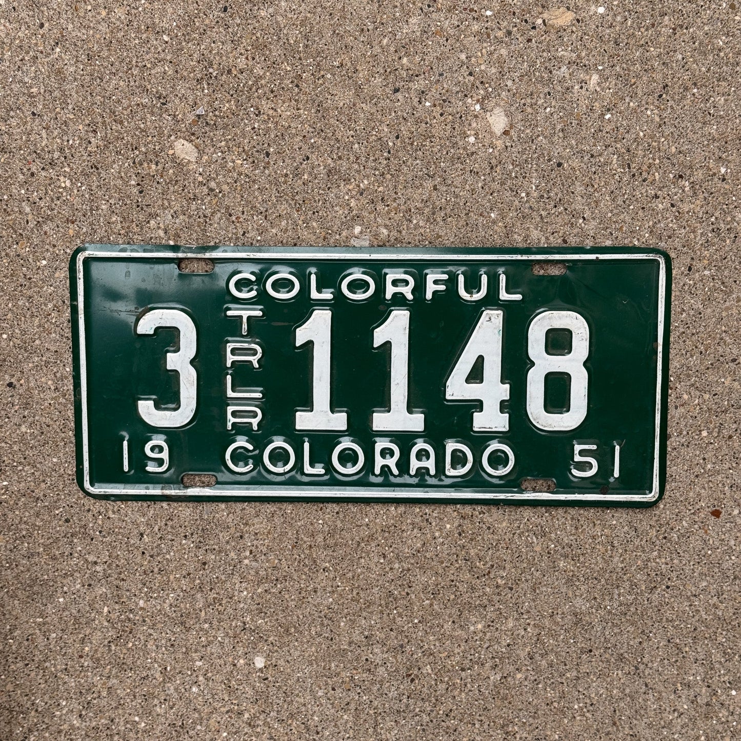 Photo of a 1951 Colorado Trailer License Plate Auto Tag Garage Decor Vintage 3 1148 with original patina