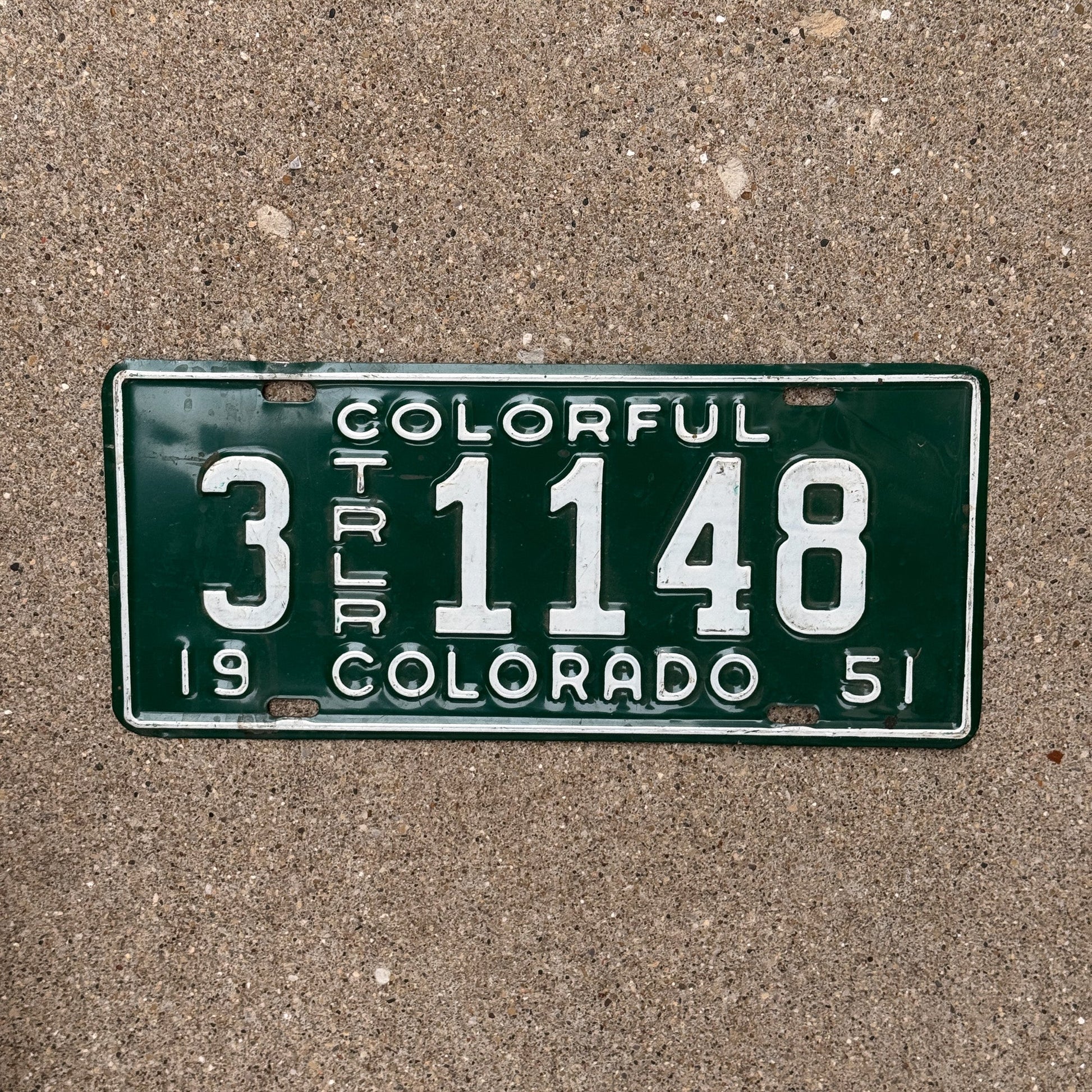 Photo of a 1951 Colorado Trailer License Plate Auto Tag Garage Decor Vintage 3 1148 with original patina