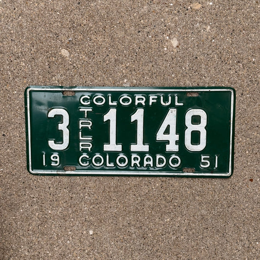 Photo of a 1951 Colorado Trailer License Plate Auto Tag Garage Decor Vintage 3 1148 with original patina