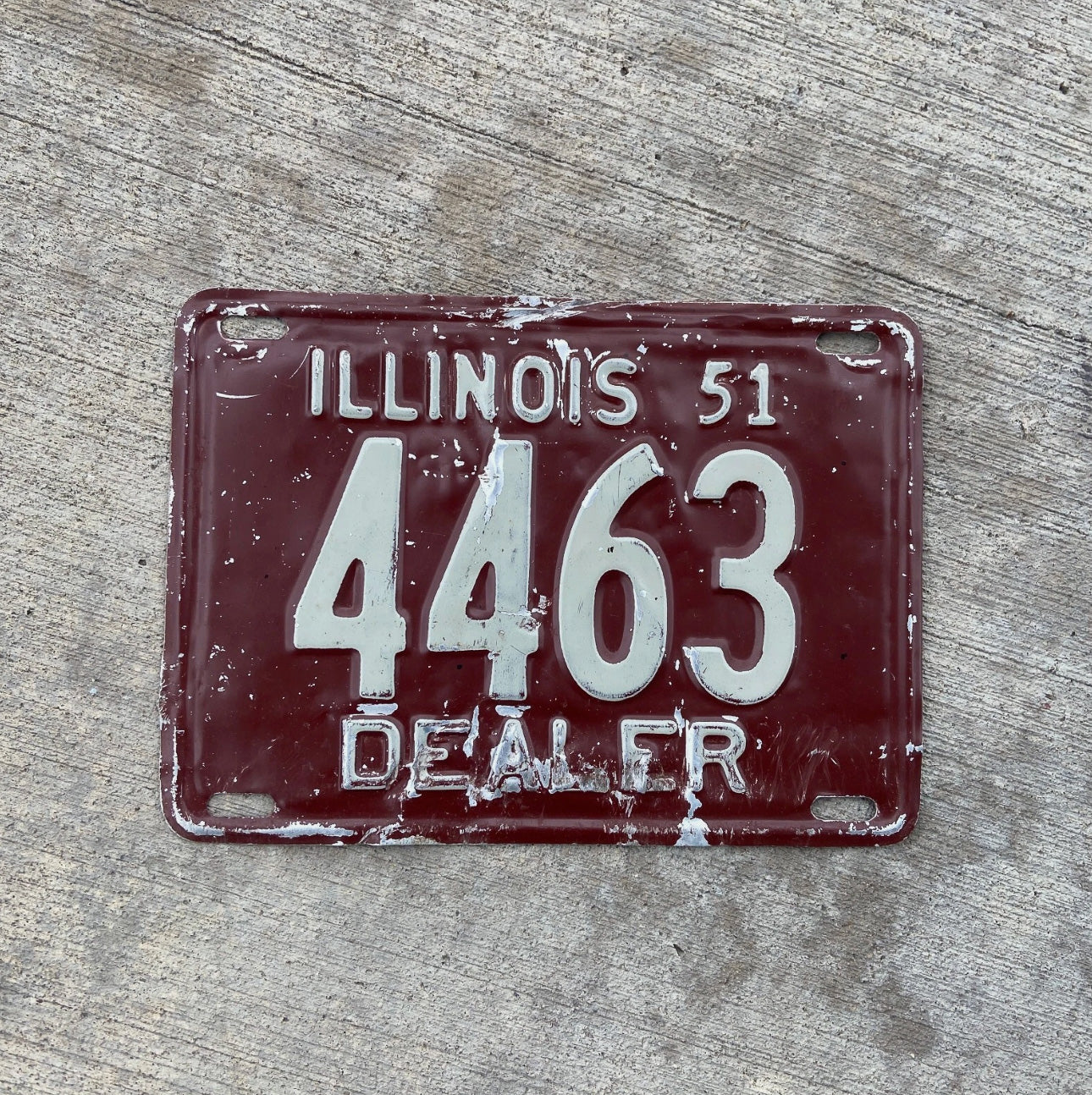 Photo of a 1951 Illinois Dealer License Plate Auto Tag Garage Decor Vintage Low Number Four Digit 4463 with original patina