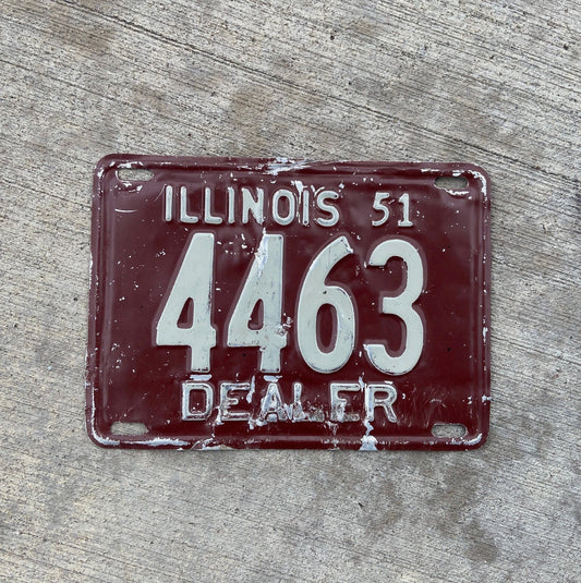 Photo of a 1951 Illinois Dealer License Plate Auto Tag Garage Decor Vintage Low Number Four Digit 4463 with original patina