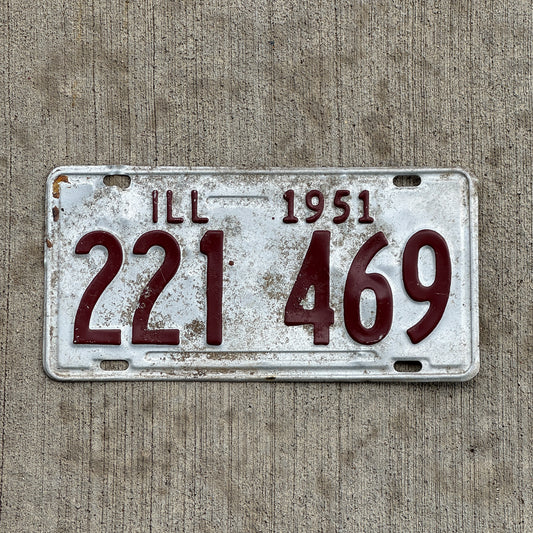 Photo of a 1951 Illinois License Plate Auto Tag Garage Decor Vintage 221 469 with original patina