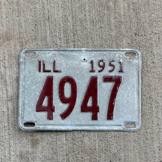 Photo of a 1951 Illinois License Plate Auto Tag Garage Decor Vintage Low Number Four Digit 4947 with original patina