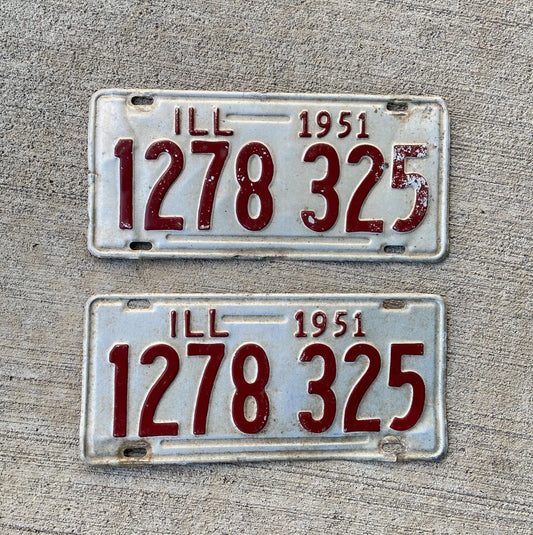 Photo of a 1951 Illinois License Plate Pair Auto Tag Garage Decor Vintage 1278 325 with original patina