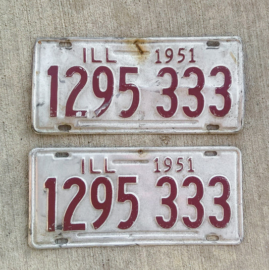 Photo of a 1951 Illinois License Plate Pair Auto Tag Garage Decor Vintage 1295 333 with original patina