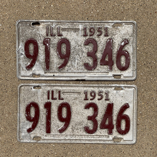Photo of a 1951 Illinois License Plate Pair Auto Tag Garage Decor Vintage 919 346
