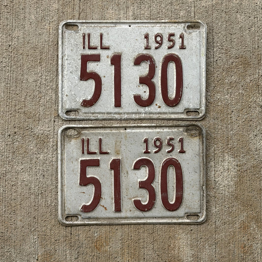 Photo of a 1951 Illinois License Plate Pair Auto Tag Garage Decor Vintage Low Number Four Digit 5130 with original patina