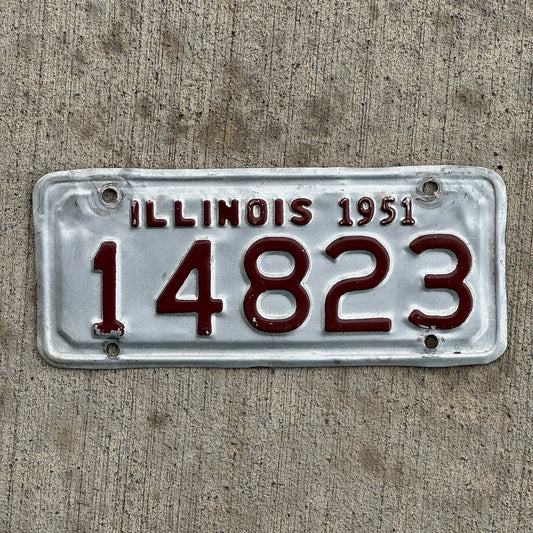 Photo of a 1951 Illinois Motorcycle License Plate Auto Tag Garage Decor Vintage 14823 with original patina