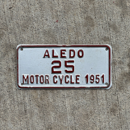 Photo of a 1951 Illinois Motorcycle License Plate Auto Tag Garage Decor Vintage Aledo 25 with original patina