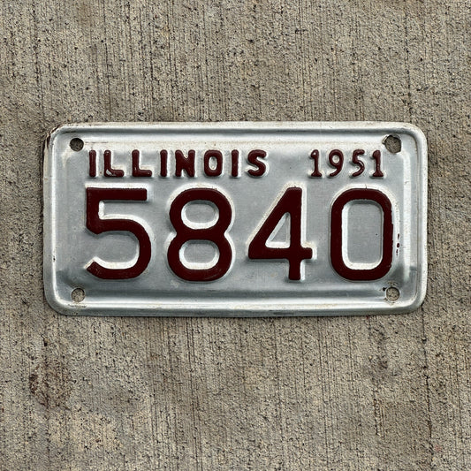 Photo of a 1951 Illinois Motorcycle License Plate Auto Tag Garage Decor Vintage Low Number Four Digit 5840 with original patina
