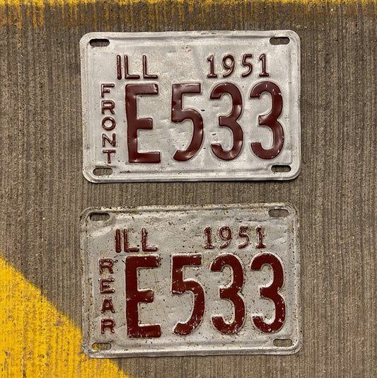 Photo of a 1951 Illinois Truck License Plate Pair Auto Tag Garage Decor Vintage Low Number Three Digit E 533 with original patina
