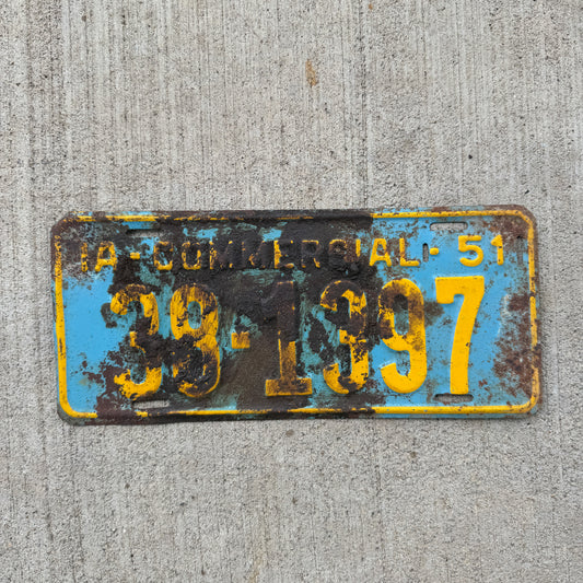 Photo of a 1951 Iowa Commercial License Plate Auto Tag Garage Decor Vintage 38 1397 with original patina