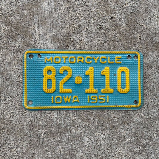 Photo of a 1951 Iowa Motorcycle License Plate Auto Tag Garage Decor Vintage Waffle Style 82 110 with original patina