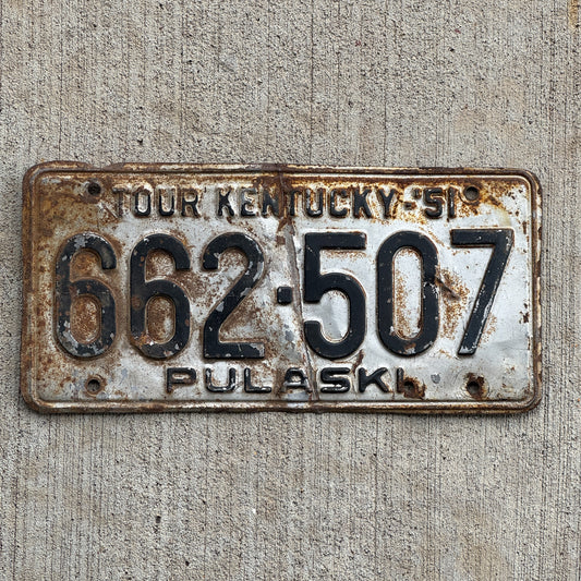 Photo of a 1951 Kentucky License Plate Auto Tag Garage Decor Vintage 662 507 with original patina