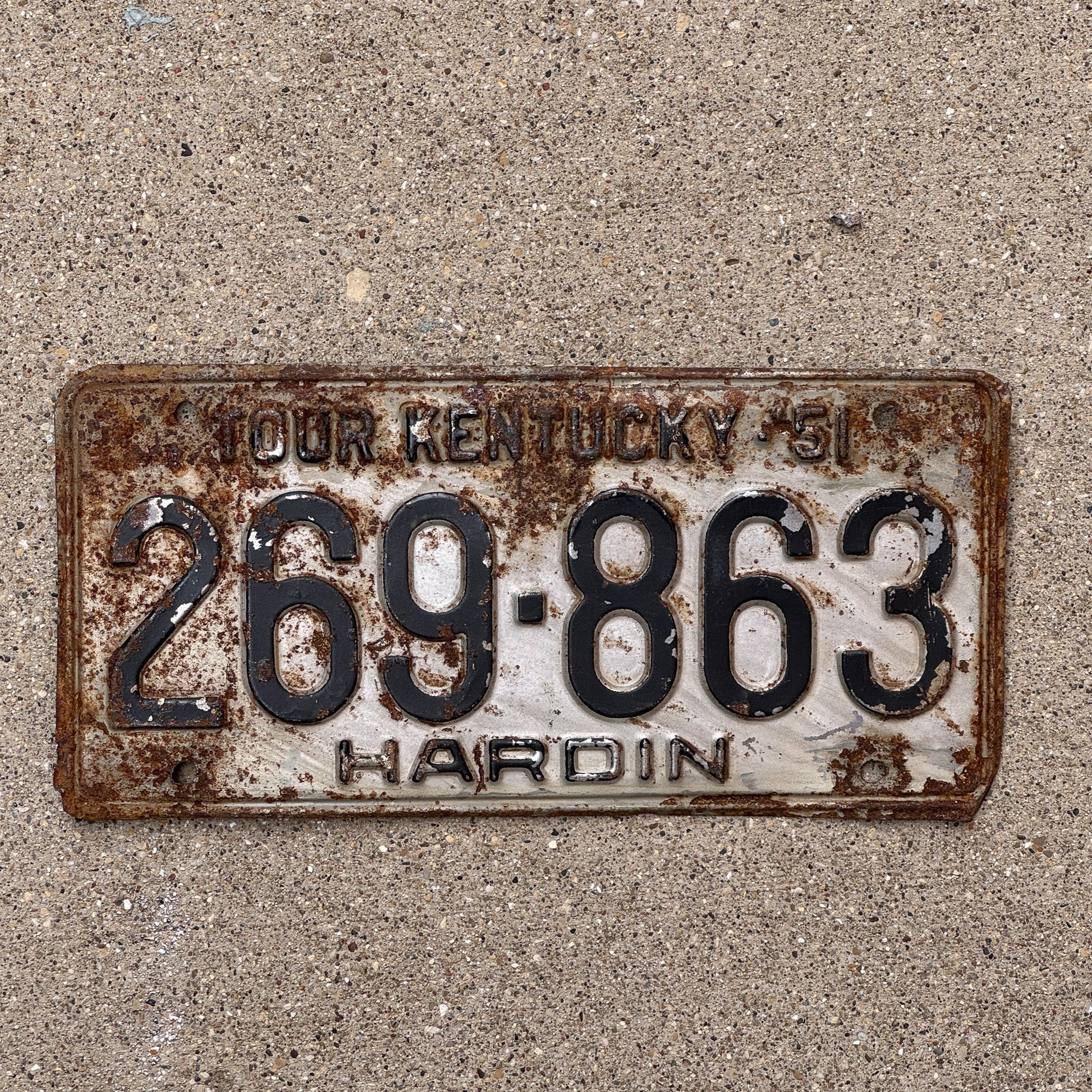 Photo of a 1951 Kentucky License Plate Auto Tag Garage Decor Vintage Hardin County 269 863 with original patina