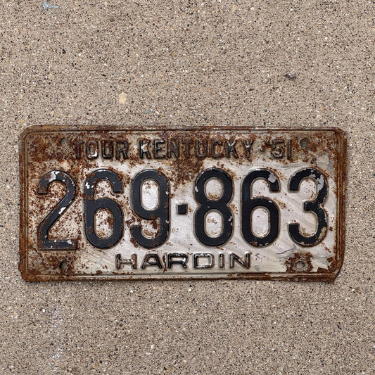 Photo of a 1951 Kentucky License Plate Auto Tag Garage Decor Vintage Hardin County 269 863 with original patina